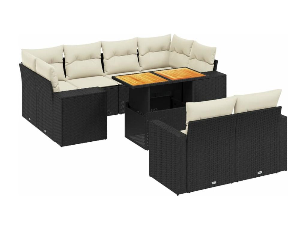 11-piece garden furniture set with cushions, black woven resin RNTP40499