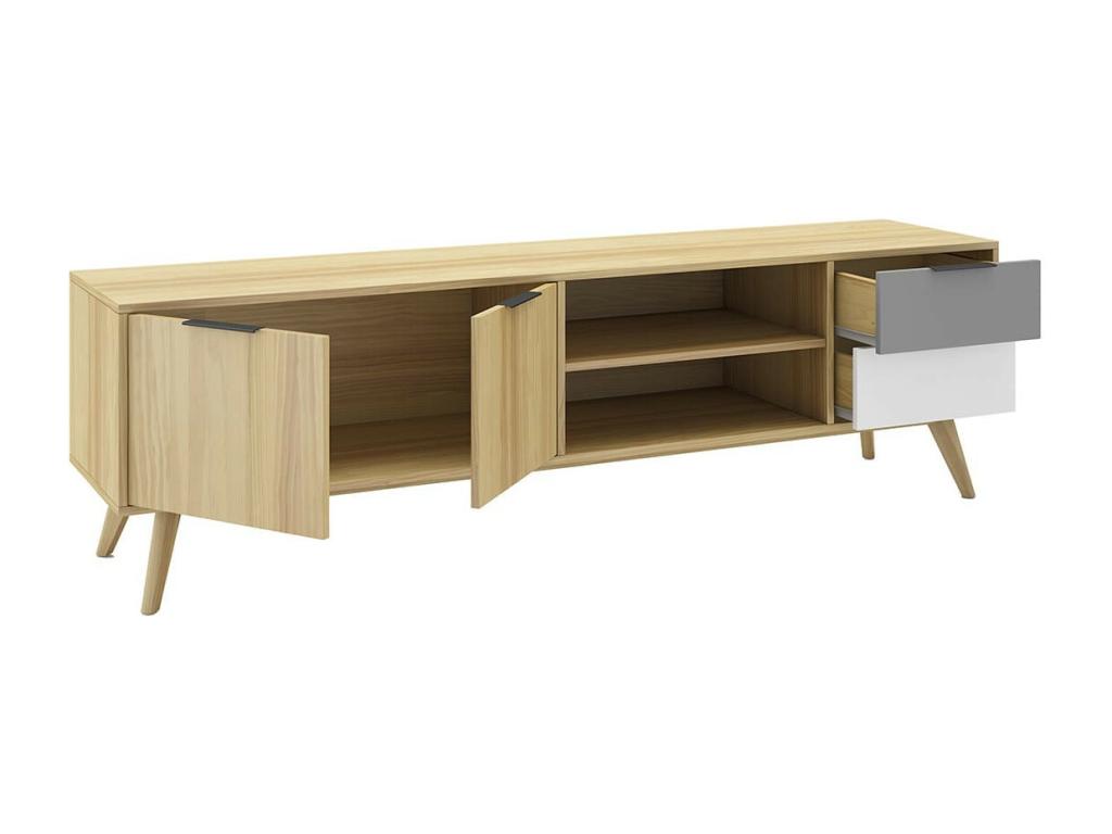 Ventoriq - 180cm TV Stand with 2 Doors and 2 Drawers, Scandinavian Style, Solid Pine, Grey, White and Oak Effect LPAD02038