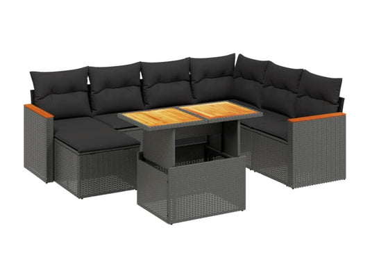 8-piece garden furniture set with cushions, black woven resin KAYS28334