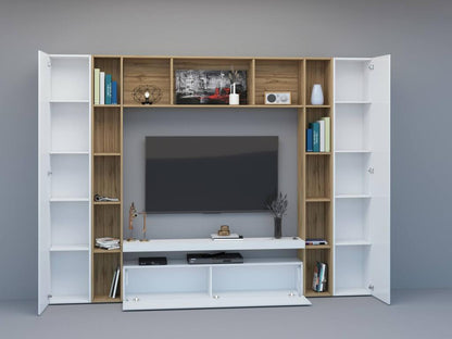 Ventoriq wall-mounted TV unit with 3 doors, versatile living room furniture, Made in Italy, 270x35x210 cm, Glossy white and oak, DNKQ26486