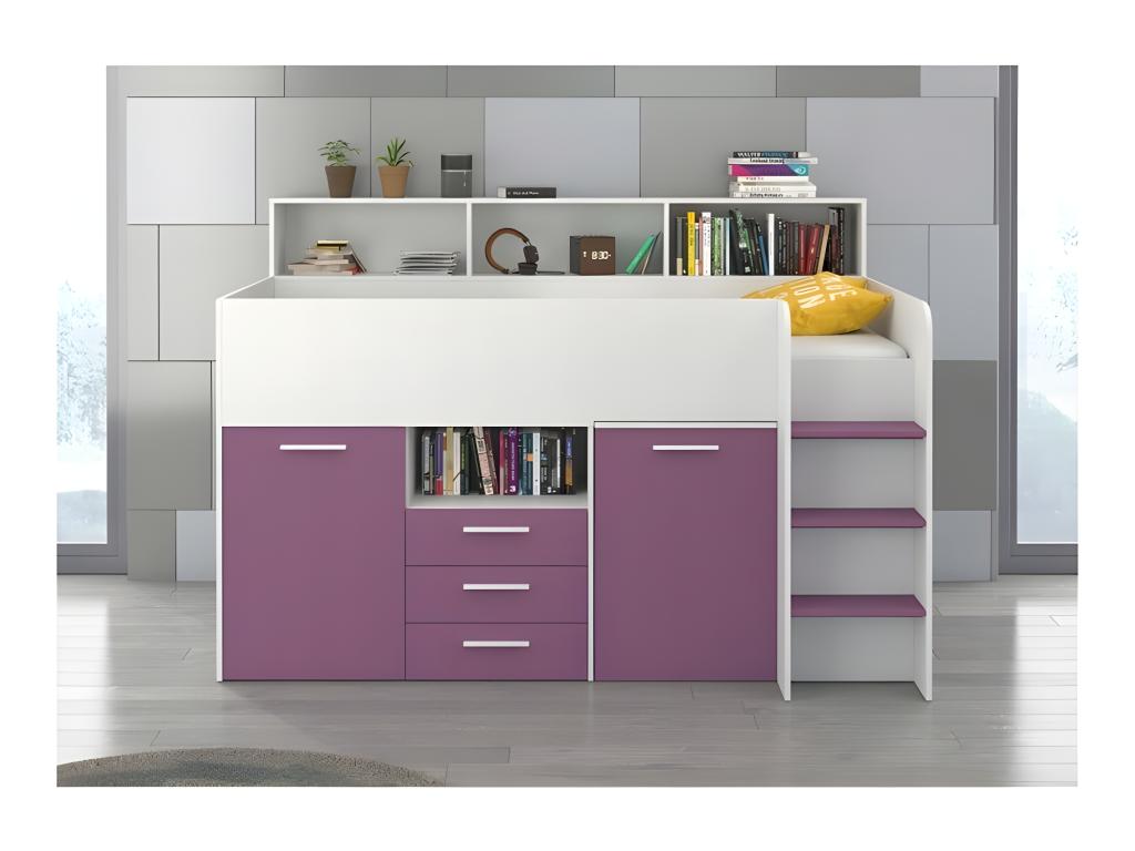Mezzanine bed 80x200cm with ladder, wardrobe, removable desk, bookcase and shelves, Ventoriq P White/Lavender VMXX87789