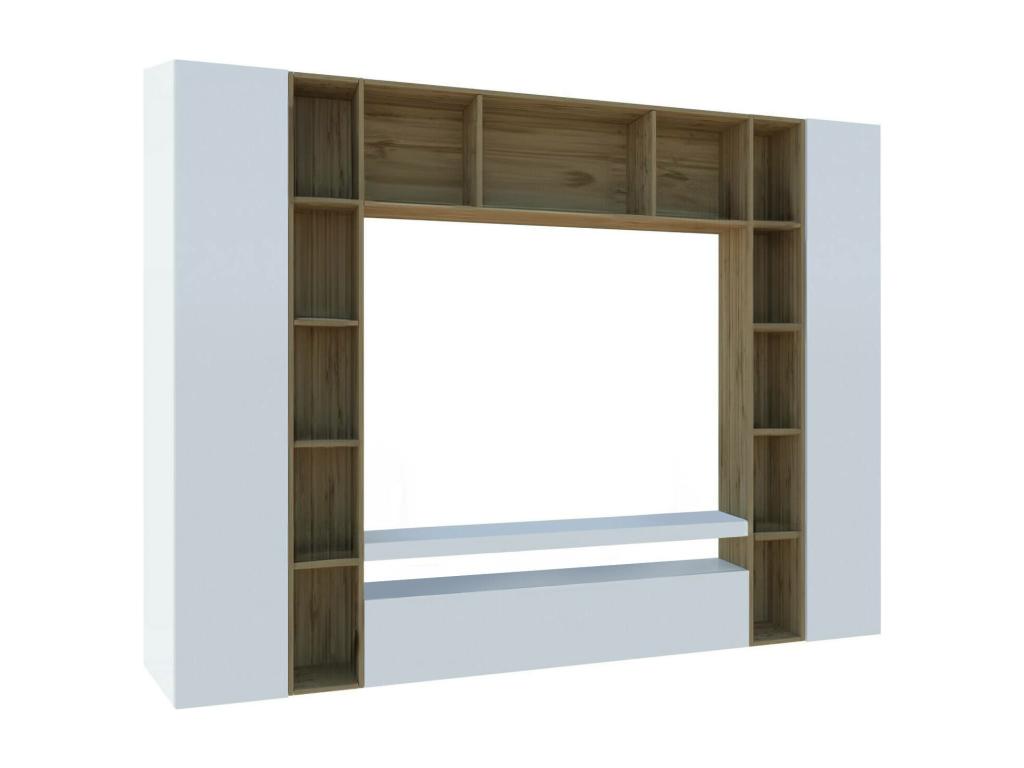 Ventoriq wall-mounted TV unit with 3 doors, versatile living room furniture, Made in Italy, 270x35x210 cm, Glossy white and oak, DNKQ26486