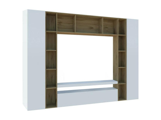 Ventoriq wall-mounted TV unit with 3 doors, versatile living room furniture, Made in Italy, 270x35x210 cm, Glossy white and oak, DNKQ26486