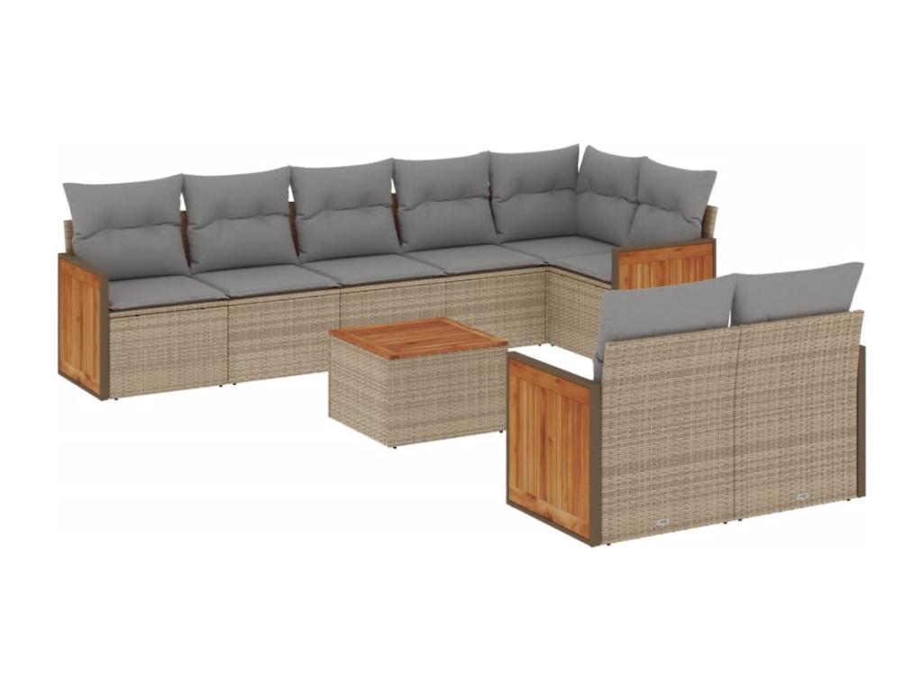 9-piece garden furniture set with cushions, beige woven resin XZJL96101