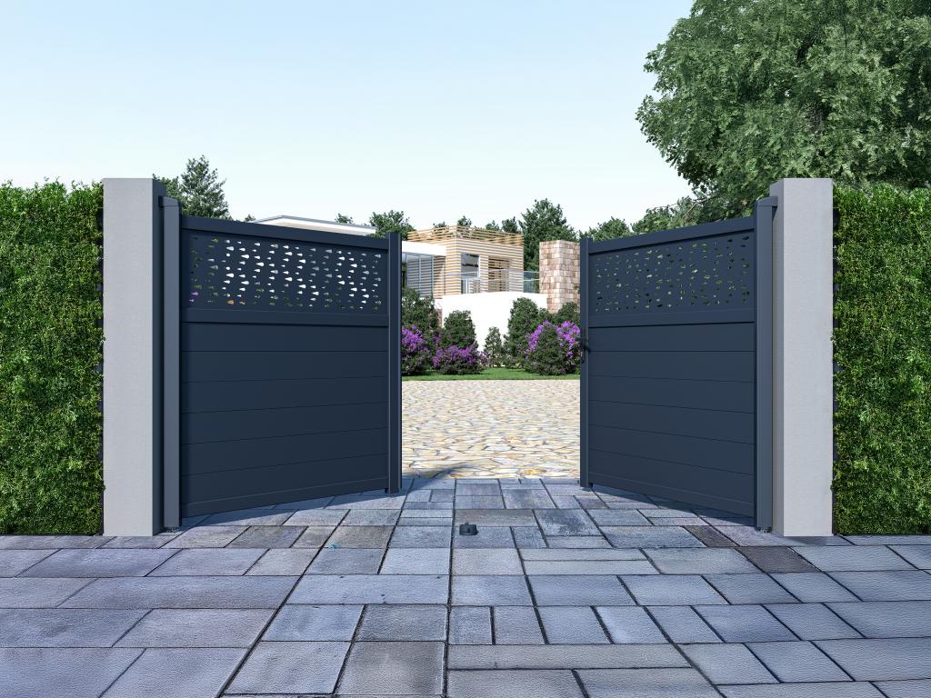 Semi-solid aluminum swing gate with pattern, 305 x 166 cm, anthracite - Ventoriq MUKB42298