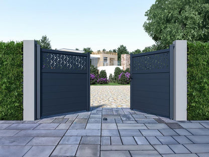Semi-solid aluminum swing gate with pattern, 305 x 166 cm, anthracite - Ventoriq MUKB42298