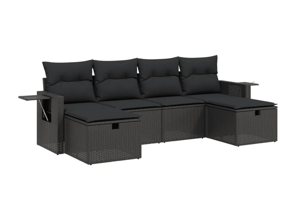 6-piece garden furniture set with cushions, black woven resin FUMX68570
