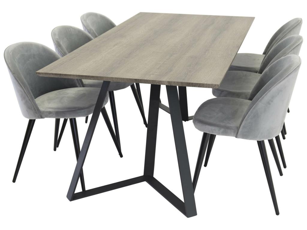 Lumenao El table set in grey wood decor and 6 Velvet chairs in light grey velvet. NAII58841