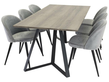 Lumenao El table set in grey wood decor and 6 Velvet chairs in light grey velvet. NAII58841