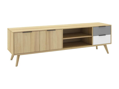 Ventoriq - 180cm TV Stand with 2 Doors and 2 Drawers, Scandinavian Style, Solid Pine, Grey, White and Oak Effect LPAD02038