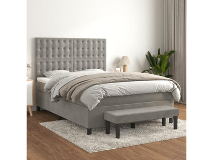Upholstered bed base and mattress, light grey, 140x190cm, velvet, MXEB58905