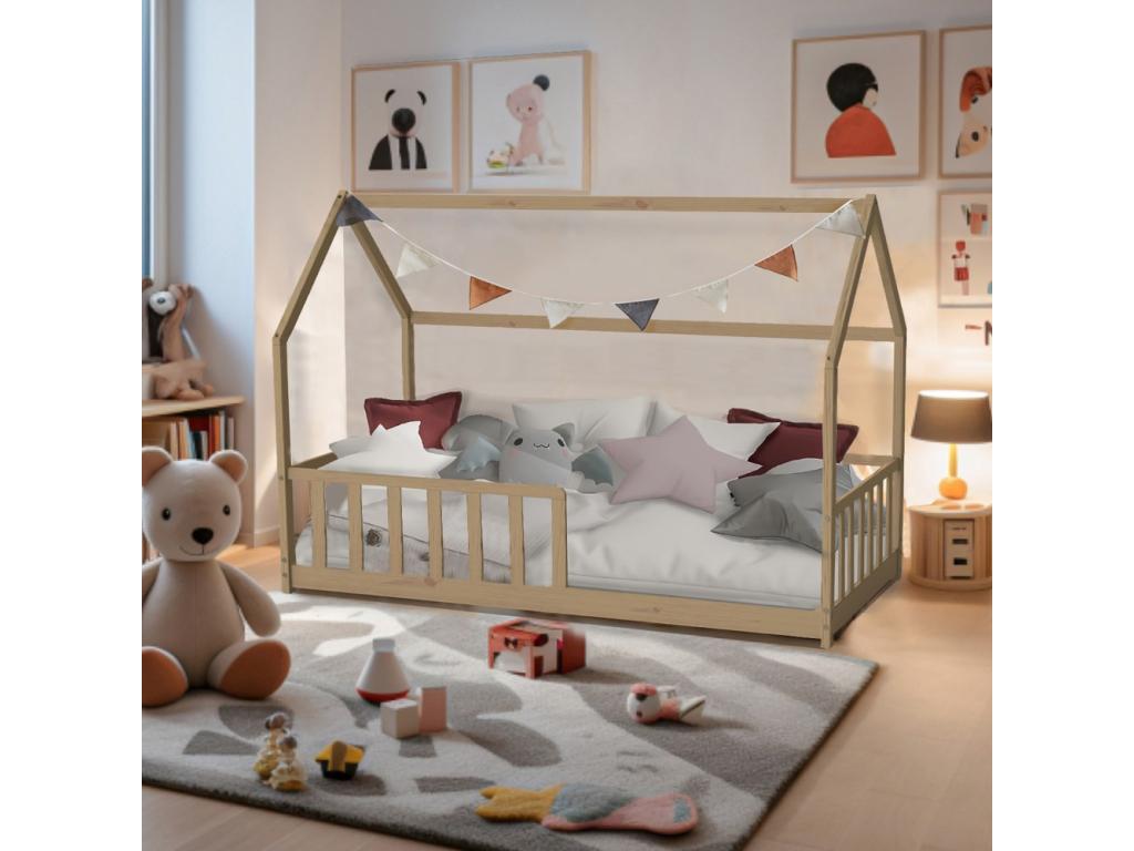 Ventoriq Cabin Bed 90x190 with 1 Slatted Base and Guardrail / Natural JOCF56305