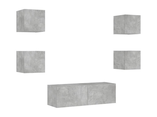 5-piece wall-mounted TV unit with LED lighting, concrete grey QFPC11751