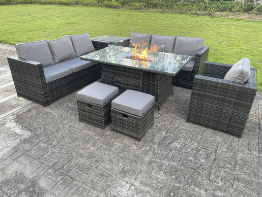 9-Seater Rattan Garden Dining Set with Gas Fireplace Table, Sofa, Side Table, Stools, Chairs, MéVentoriq Dark Grey THNJ38187