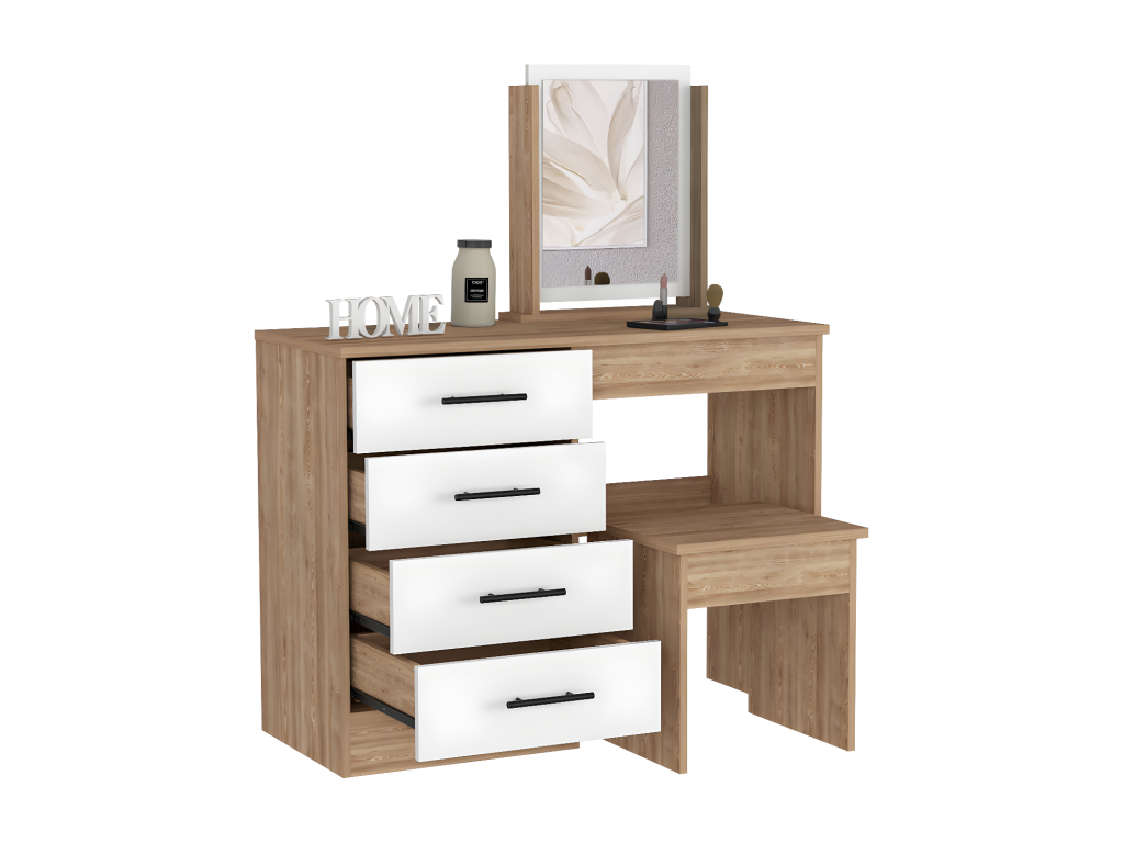Ventoriq Mirrored Vanity Table with 4 Drawers and Seat Included, 126.7 cm W x 100 cm L x 42.5 cm D, White/Grey, SHEE42486
