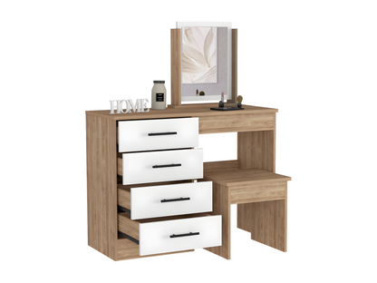 Ventoriq Mirrored Vanity Table with 4 Drawers and Seat Included, 126.7 cm W x 100 cm L x 42.5 cm D, White/Grey, SHEE42486