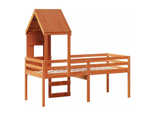 High bed without mattress, brown wax finish, 80x200 cm, solid pine wood, ECCG77335