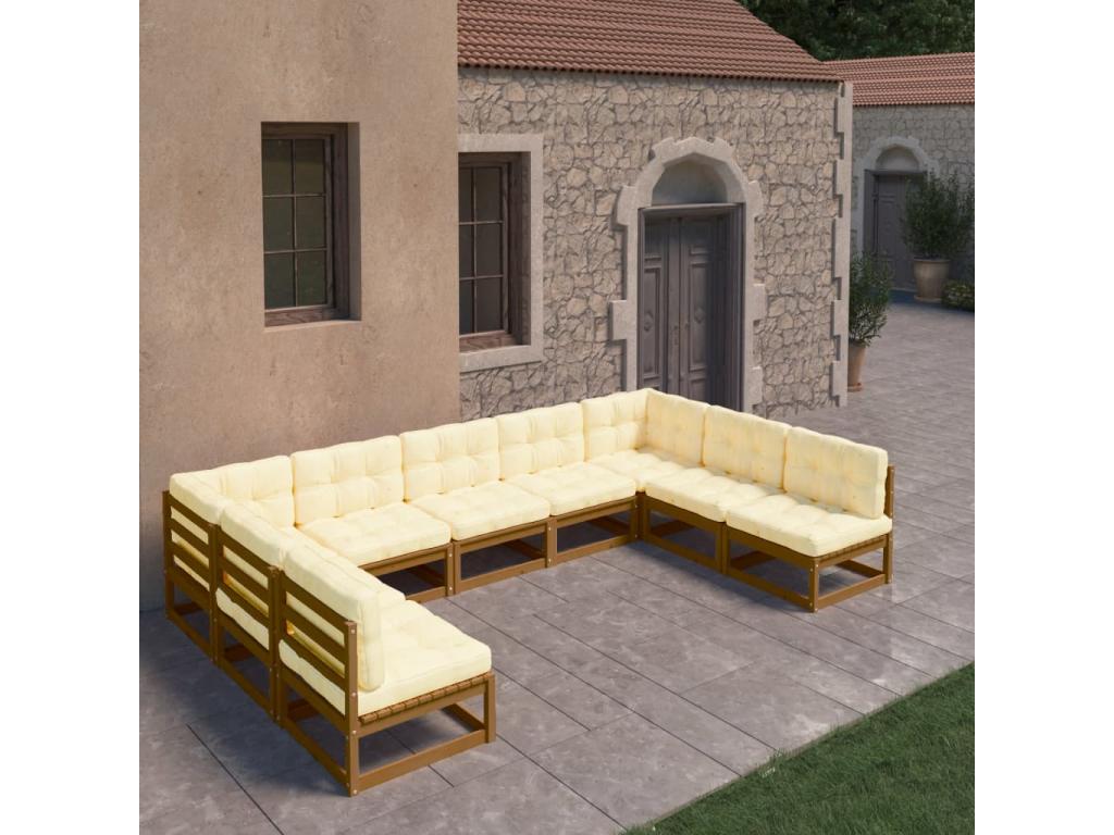 9-piece garden furniture set with cushions, honey brown, pine wood QDHJ57620