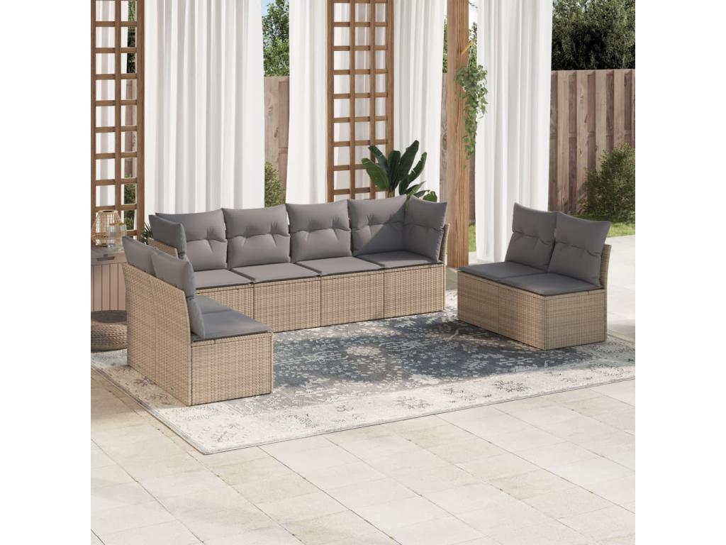 8-piece garden furniture set with cushions, beige woven resin RRGL91389