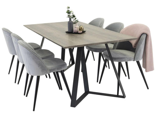 Lumenao El table set in grey wood decor and 6 Velvet chairs in light grey velvet. NAII58841