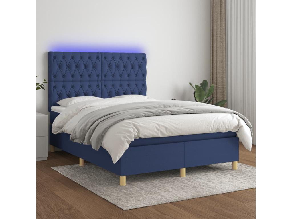 Upholstered bed base with mattress and LED light, blue, 140x190 cm, fabric FTUN26447