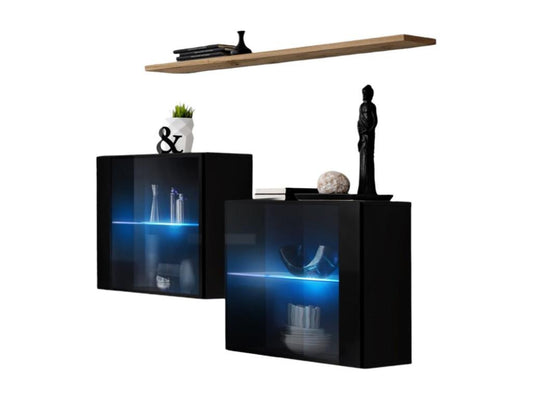 SWITCH SBIII living room set, glossy black with glass door and integrated LED lighting. Ventoriq oak shelf. Modern Ventoriq NJSO44536