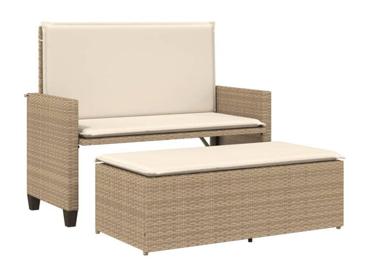 Garden bench, cushions and footrest in beige woven resin LSEB34626