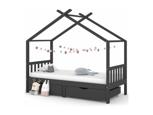Children's bed frame with drawers, dark grey pine, 90x200 cm, FJOV57842