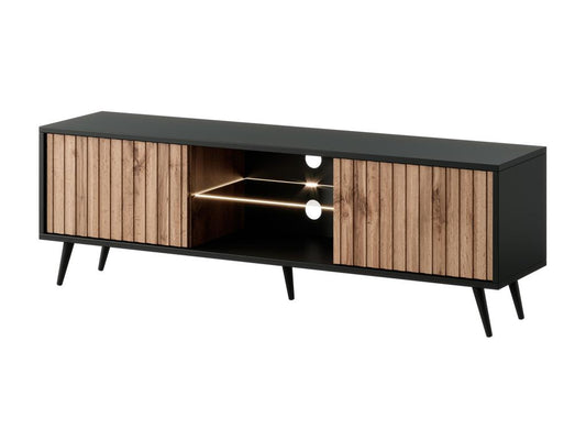 TV unit with slatted fronts - 135 cm - black/oak Ventoriq with LED lighting - Ventoriq IGFY26233