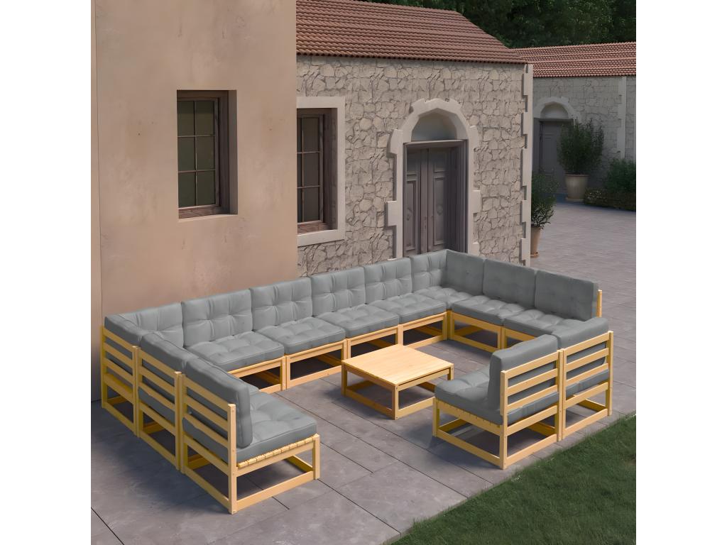 13-piece garden furniture set with cushions, solid pine wood, YQOQ35360