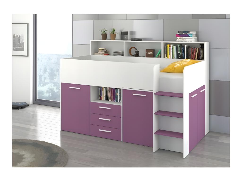 Mezzanine bed 80x200cm with ladder, wardrobe, removable desk, bookcase and shelves, Ventoriq P White/Lavender VMXX87789