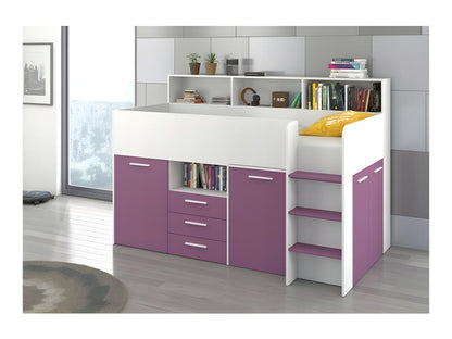 Mezzanine bed 80x200cm with ladder, wardrobe, removable desk, bookcase and shelves, Ventoriq P White/Lavender VMXX87789