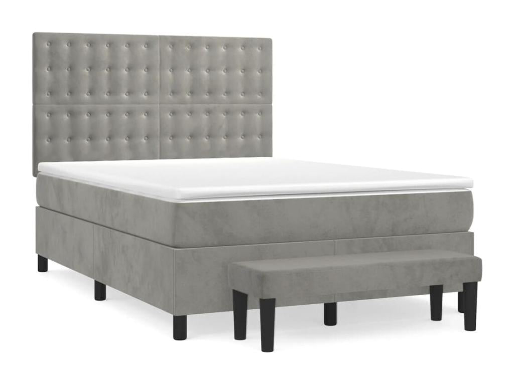 Upholstered bed base and mattress, light grey, 140x190cm, velvet, MXEB58905