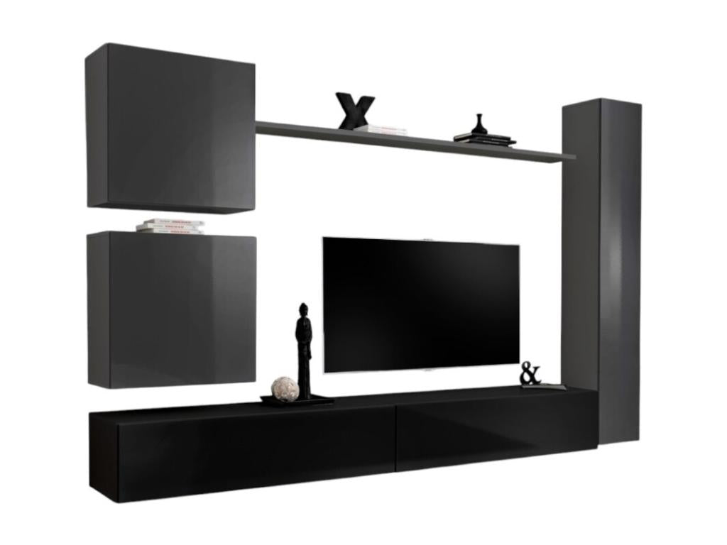 SWITCH VIII wall-mounted living room furniture set - Designer wall-mounted TV unit in glossy black and grey. AVGX47976