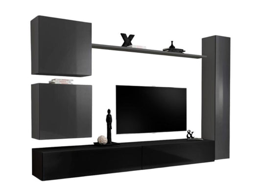 SWITCH VIII wall-mounted living room furniture set - Designer wall-mounted TV unit in glossy black and grey. AVGX47976
