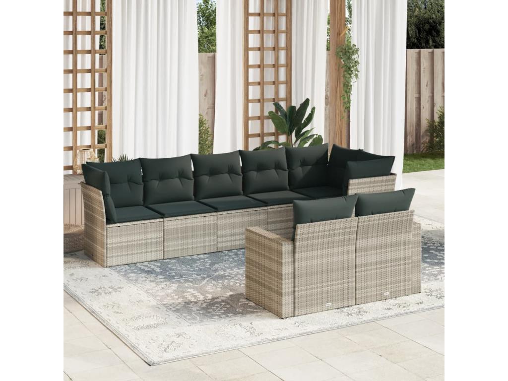 8-piece garden furniture set with light grey cushions, woven resin ZZXZ33611