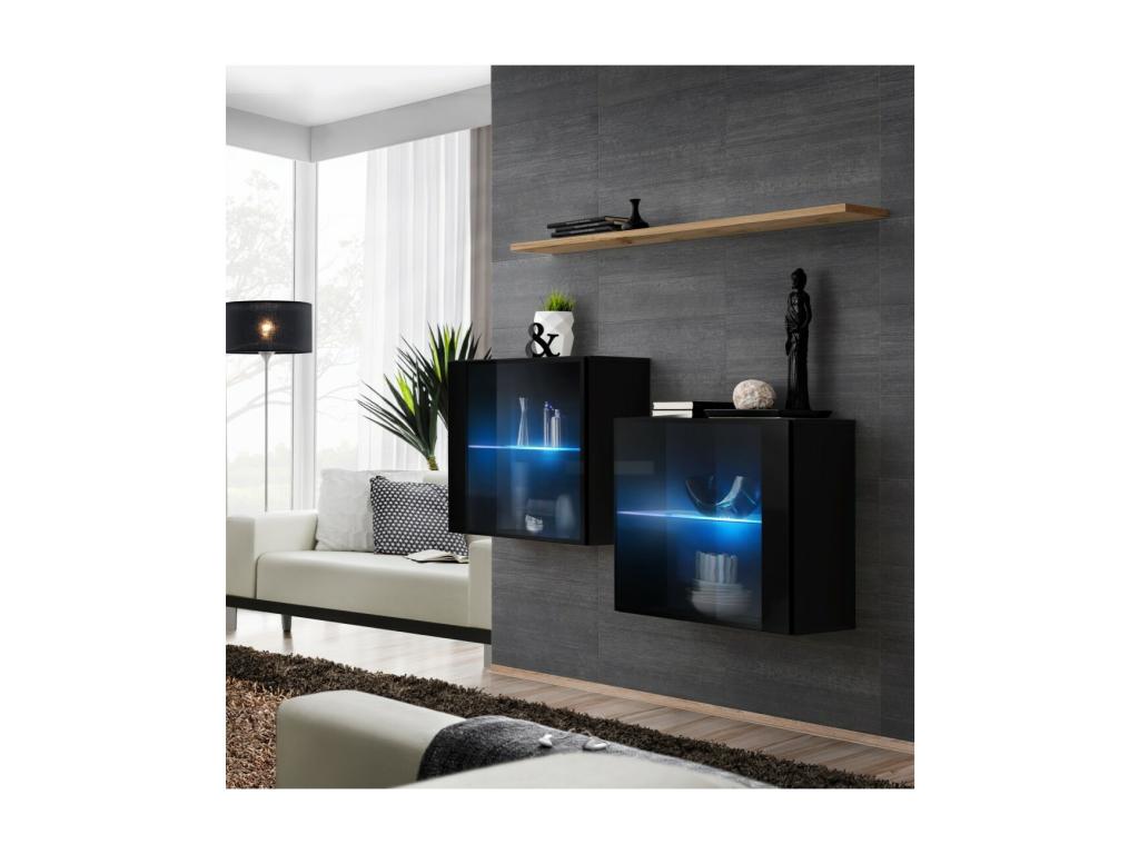 SWITCH SBIII living room set, glossy black with glass door and integrated LED lighting. Ventoriq oak shelf. Modern Ventoriq NJSO44536