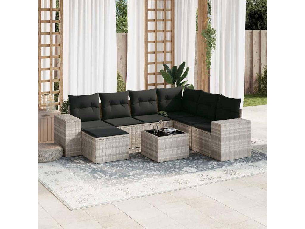 8-piece garden furniture set with light grey cushions, woven resin ZOZL90916