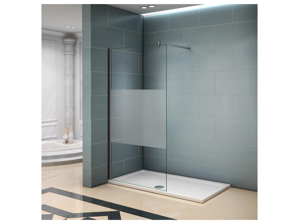 Walk-in shower screen 100x200cm with 140cm fixing bar, 8mm square glass, frosted central strip WXWZ51146