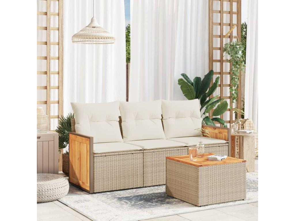 Garden furniture set with cushions, 4 pieces, beige woven resin, TDFG63842