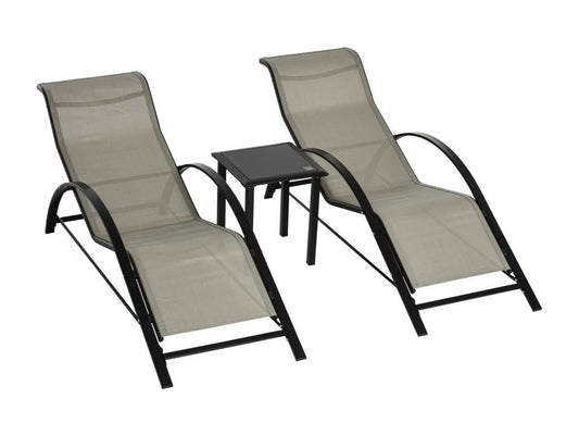 Set of 2 contemporary design sun loungers with coffee table, tempered glass top, epoxy-coated metal and beige textilene SBPG10630