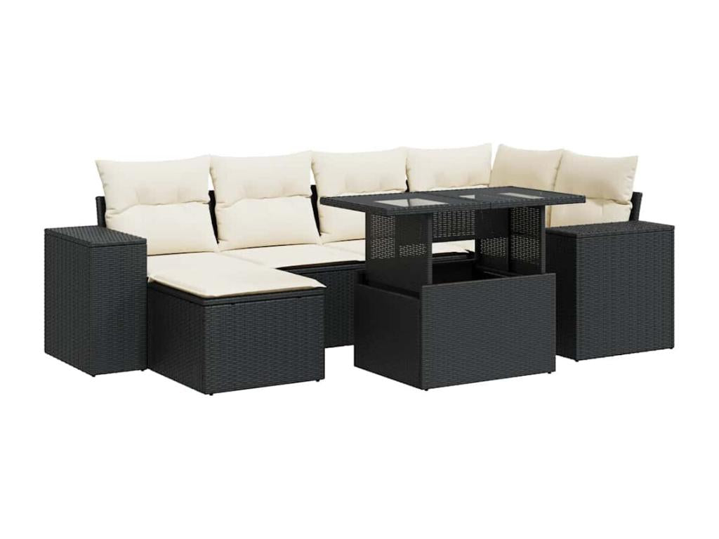 7-piece garden furniture set with cushions, black woven resin CSDS08400