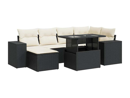 7-piece garden furniture set with cushions, black woven resin CSDS08400