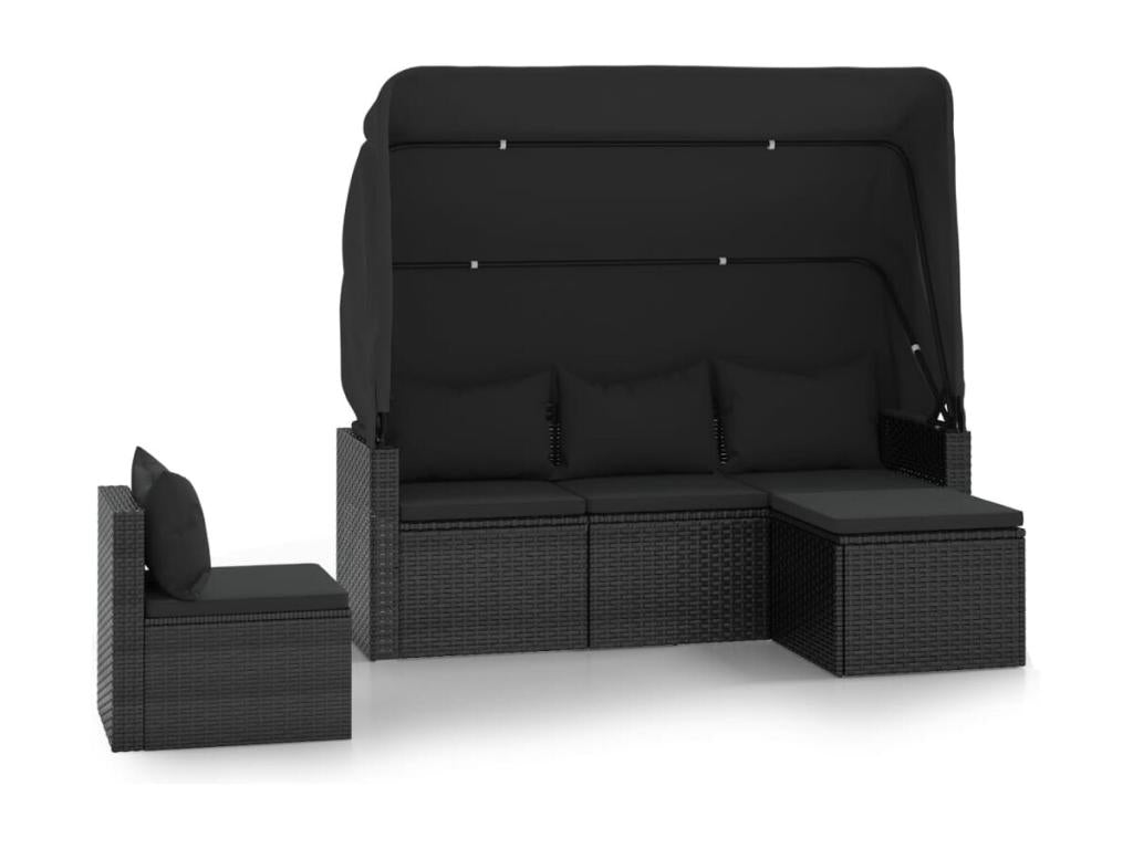 FUBU92977 4-Piece Garden Sofa Set with Cushions, Black Poly Rattan