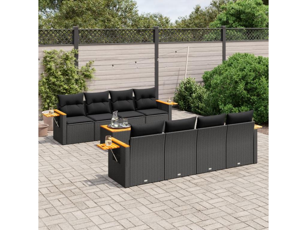 9-piece garden furniture set with cushions, black resin wicker AIWX74659