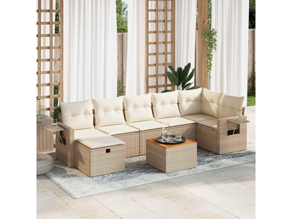 8-piece garden furniture set with cushions, beige woven resin GFFN77843