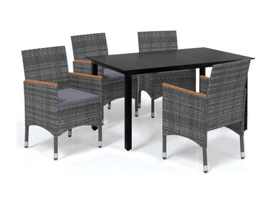 5-piece garden dining set and cushions, woven resin, grey, FGAS90042