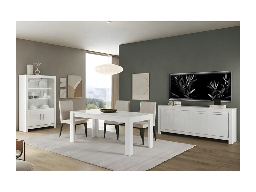 Lumenao - Complete Living Room Set in Glossy White Lacquer, 190cm Table, Sideboard, LED Display Cabinet LKIL27205