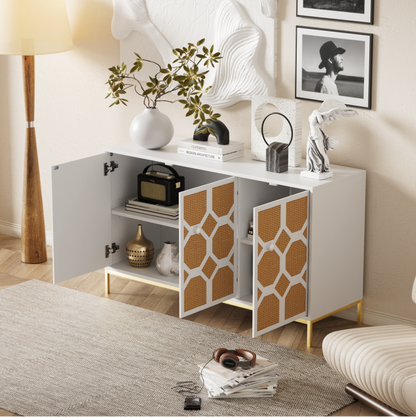 Elegant 3-door sideboard decorated in textured rattan with gold legs SCAEZOIX PMRH74908