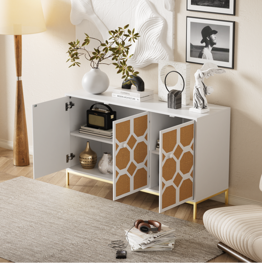 Elegant 3-door sideboard decorated in textured rattan with gold legs SCAEZOIX PMRH74908